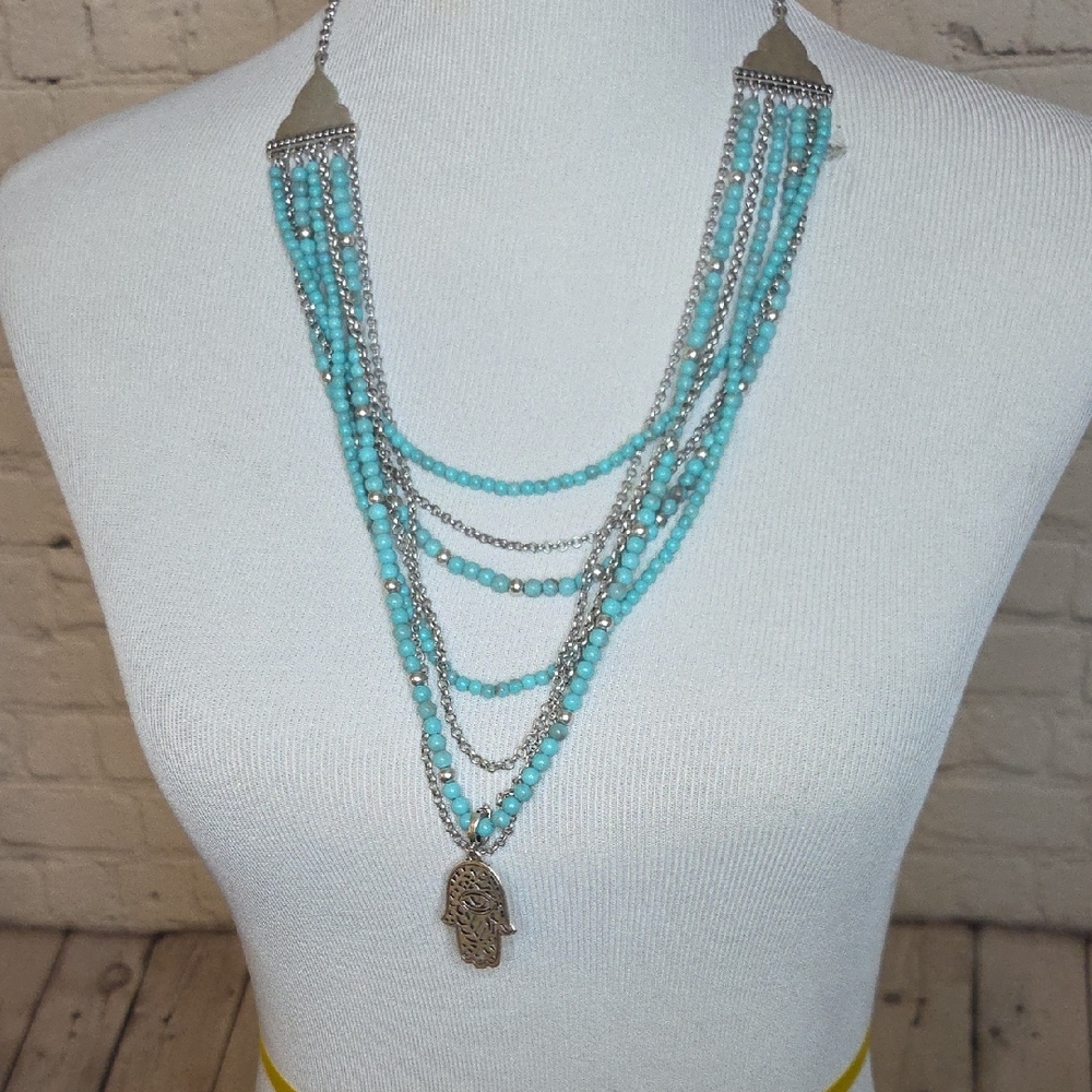 Lucky Brand Turquoise and Silver Layered Necklace with Hamsa Charm